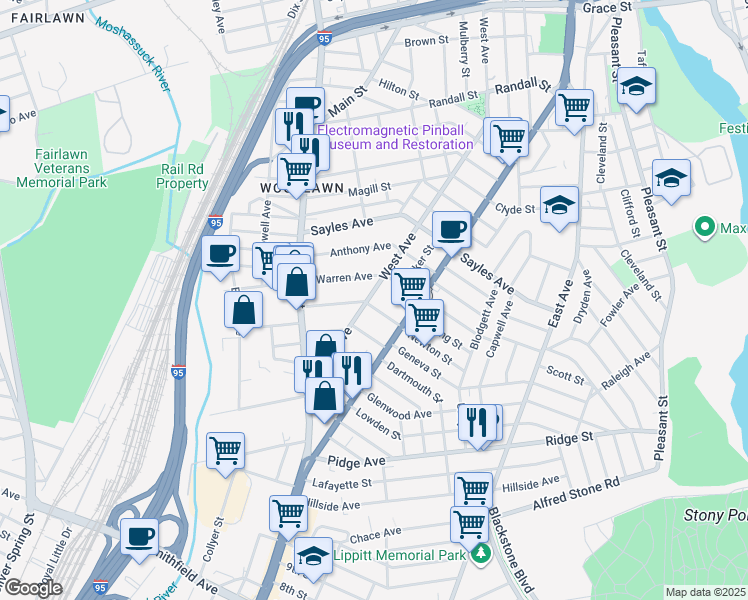 map of restaurants, bars, coffee shops, grocery stores, and more near 28 Warren Avenue in Pawtucket