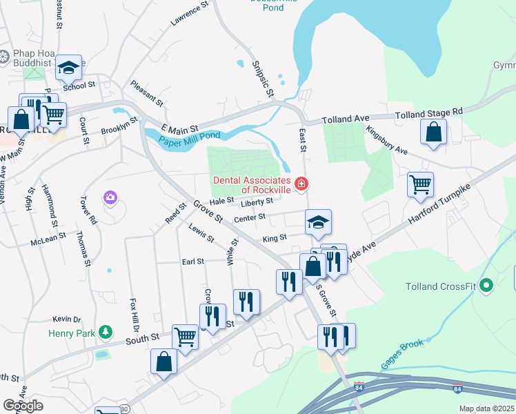 map of restaurants, bars, coffee shops, grocery stores, and more near 20 Liberty Street in Vernon