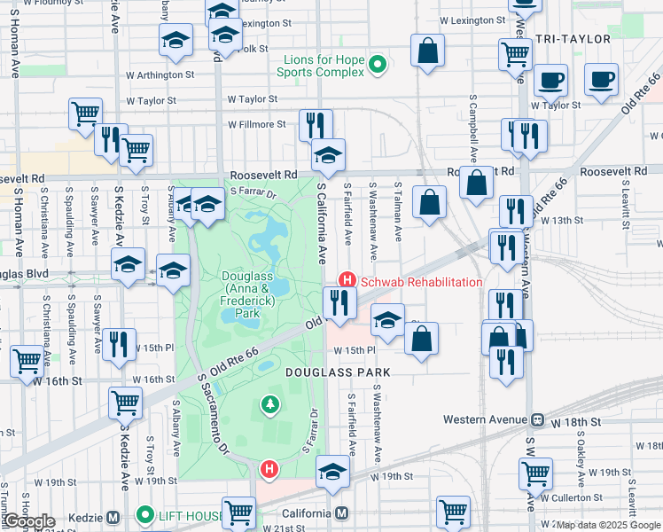 map of restaurants, bars, coffee shops, grocery stores, and more near 1124 South California Avenue in Chicago