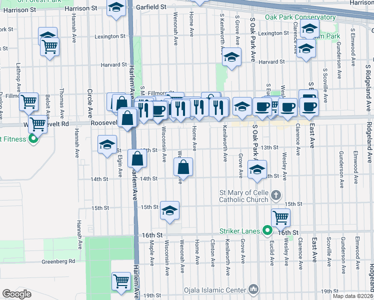 map of restaurants, bars, coffee shops, grocery stores, and more near 1240 Home Avenue in Berwyn