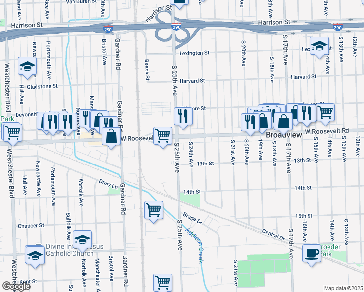 map of restaurants, bars, coffee shops, grocery stores, and more near in Broadview
