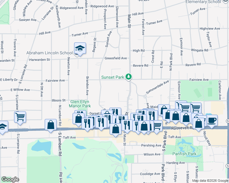 map of restaurants, bars, coffee shops, grocery stores, and more near 483 Fairview Avenue in Glen Ellyn