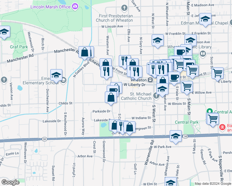 map of restaurants, bars, coffee shops, grocery stores, and more near 3 Wheaton Center in Wheaton