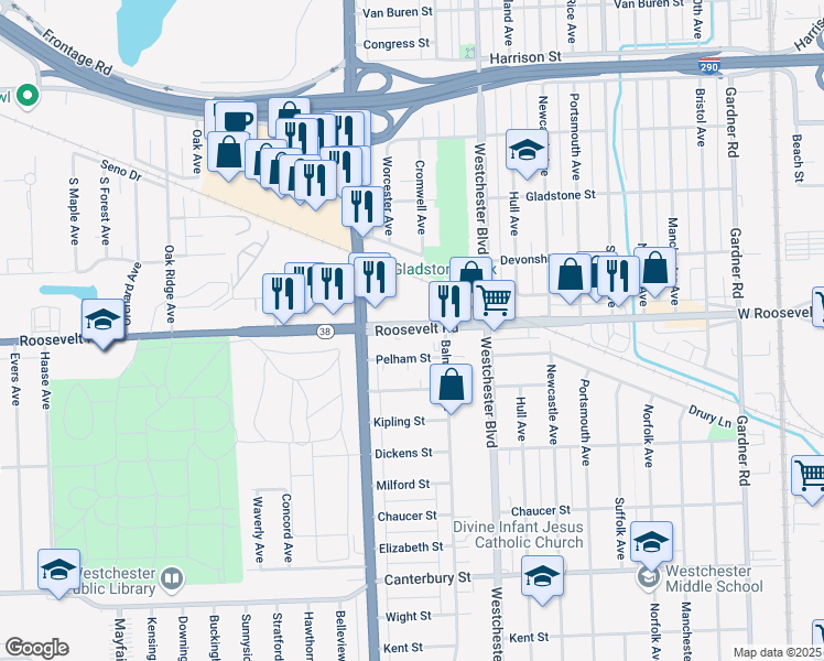 map of restaurants, bars, coffee shops, grocery stores, and more near 10311 W Roosevelt Rd in Westchester