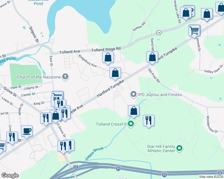 map of restaurants, bars, coffee shops, grocery stores, and more near 6 Industrial Park Road West in Tolland