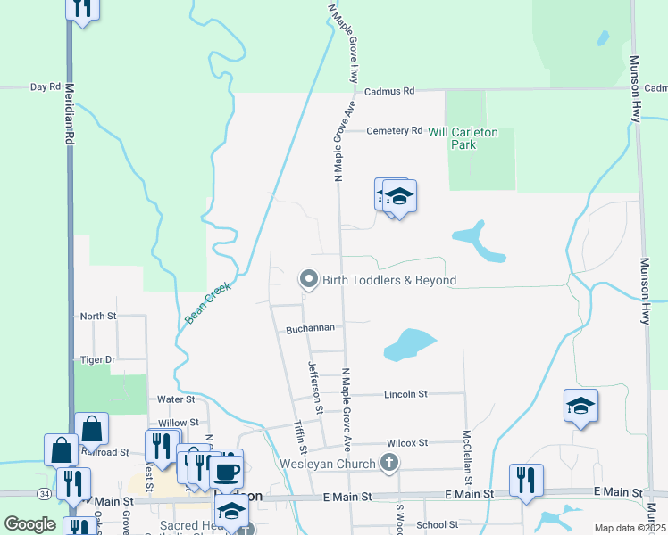 map of restaurants, bars, coffee shops, grocery stores, and more near 742 North Maple Grove Avenue in Hudson