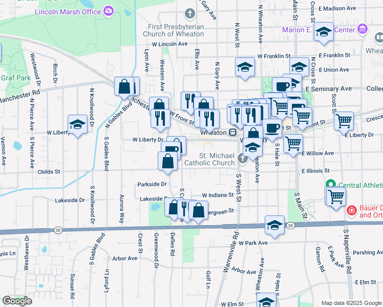 map of restaurants, bars, coffee shops, grocery stores, and more near 3 Wheaton Center in Wheaton