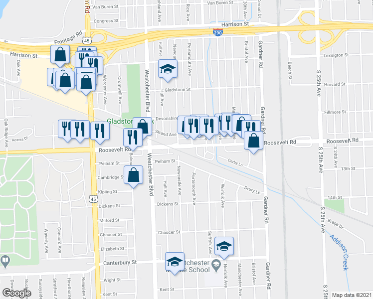 map of restaurants, bars, coffee shops, grocery stores, and more near 10055 Roosevelt Road in Westchester
