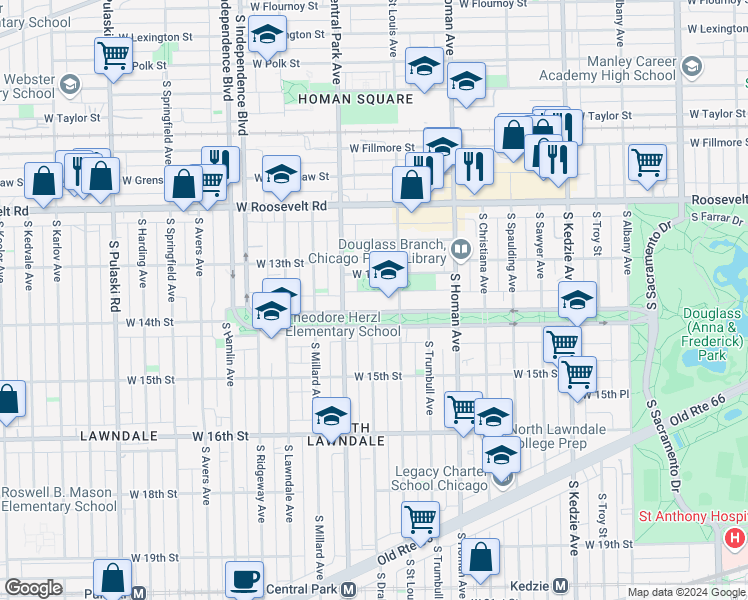 map of restaurants, bars, coffee shops, grocery stores, and more near 3530 West Douglas Boulevard in Chicago