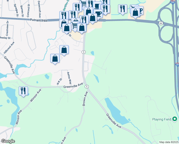 map of restaurants, bars, coffee shops, grocery stores, and more near 8 Chamberlain Street in Johnston