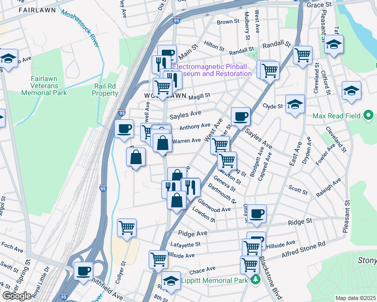 map of restaurants, bars, coffee shops, grocery stores, and more near 59 Belmont Street in Pawtucket