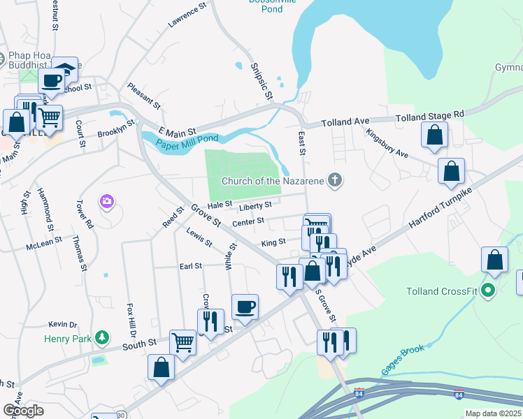 map of restaurants, bars, coffee shops, grocery stores, and more near 20 Liberty Street in Vernon