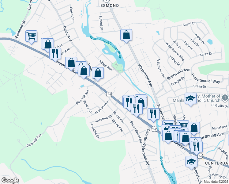 map of restaurants, bars, coffee shops, grocery stores, and more near Norris Street in Johnston