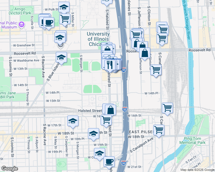 map of restaurants, bars, coffee shops, grocery stores, and more near 757 West 14th Street in Chicago