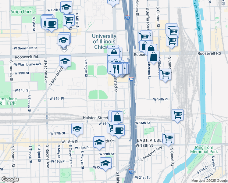 map of restaurants, bars, coffee shops, grocery stores, and more near 1406 S Halsted St in Chicago