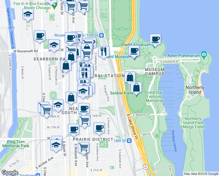 map of restaurants, bars, coffee shops, grocery stores, and more near 1419 Prairie Place in Chicago