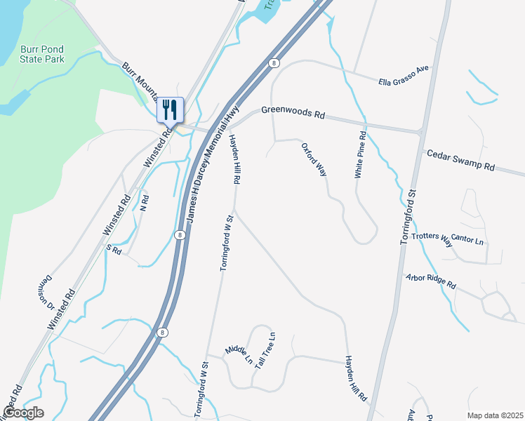 map of restaurants, bars, coffee shops, grocery stores, and more near 241 Hayden Hill Road in Torrington