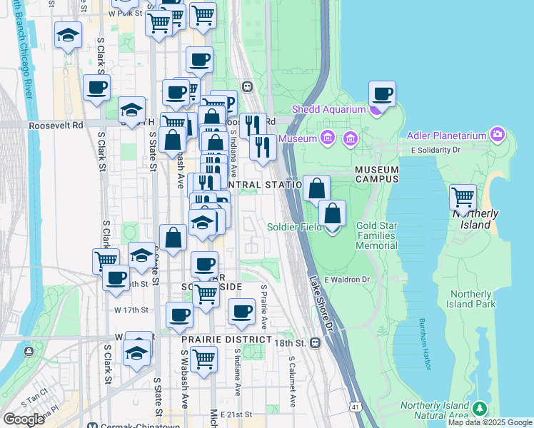 map of restaurants, bars, coffee shops, grocery stores, and more near 1437 South Prairie Avenue in Chicago