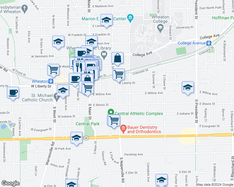 map of restaurants, bars, coffee shops, grocery stores, and more near 287 South Naperville Road in Wheaton