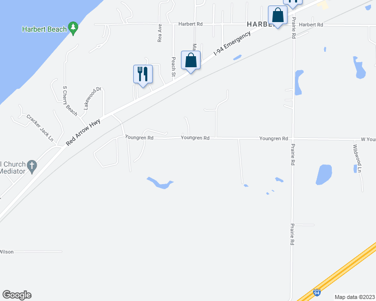 map of restaurants, bars, coffee shops, grocery stores, and more near 7636 Youngren Road in Three Oaks