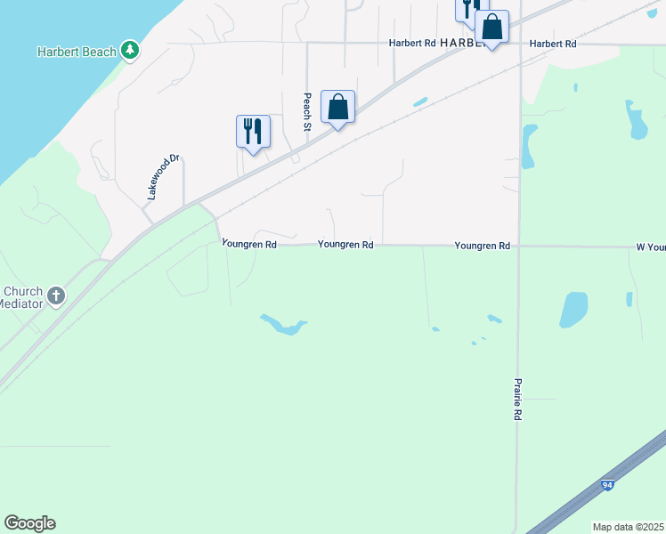 map of restaurants, bars, coffee shops, grocery stores, and more near 7636 Youngren Road in Three Oaks