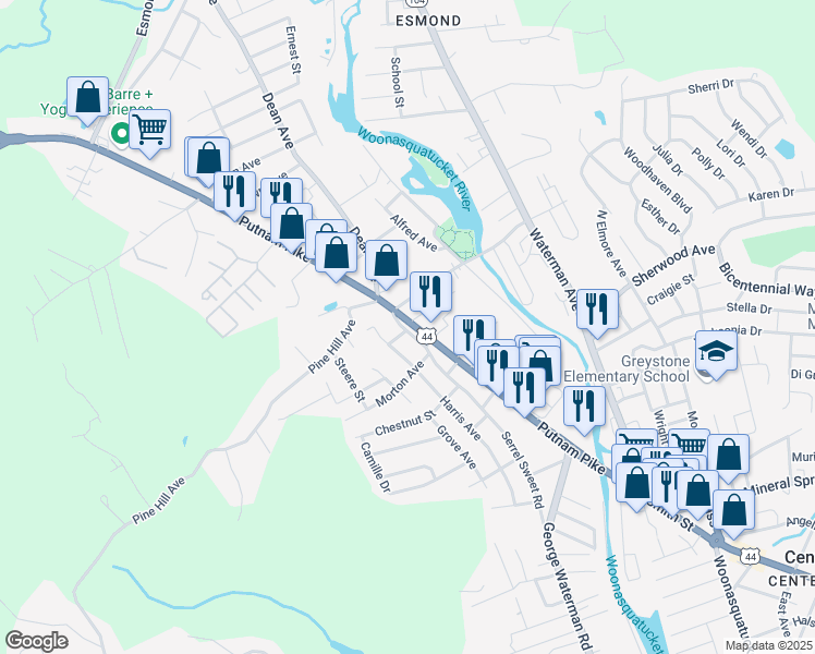map of restaurants, bars, coffee shops, grocery stores, and more near 114 Putnam Pike in Johnston