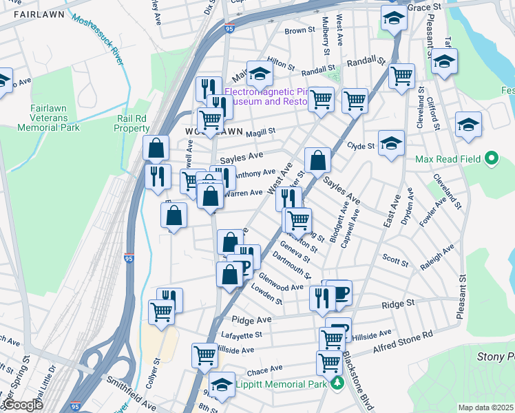 map of restaurants, bars, coffee shops, grocery stores, and more near 59 Belmont Street in Pawtucket
