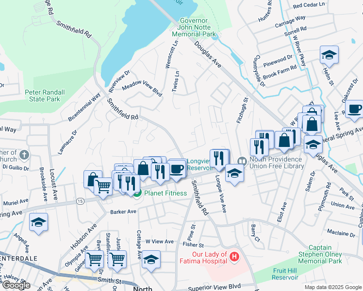 map of restaurants, bars, coffee shops, grocery stores, and more near 553 Smithfield Road in North Providence