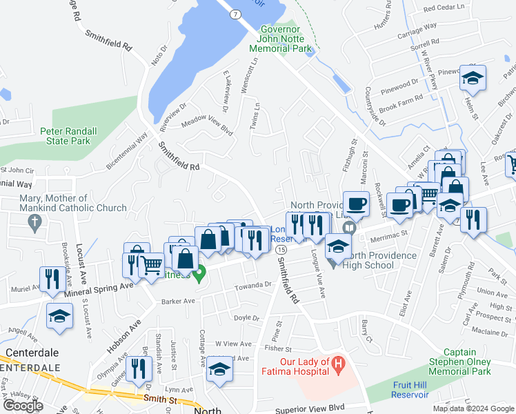 map of restaurants, bars, coffee shops, grocery stores, and more near 553 Smithfield Road in North Providence