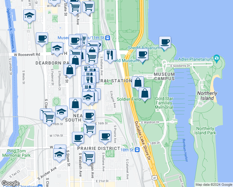 map of restaurants, bars, coffee shops, grocery stores, and more near 1419 Prairie Place in Chicago