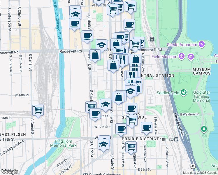 map of restaurants, bars, coffee shops, grocery stores, and more near 1401 South State Street in Chicago