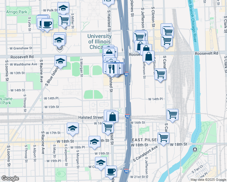 map of restaurants, bars, coffee shops, grocery stores, and more near 757 West 14th Street in Chicago