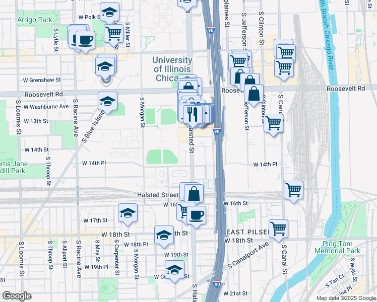 map of restaurants, bars, coffee shops, grocery stores, and more near 757 West 14th Street in Chicago