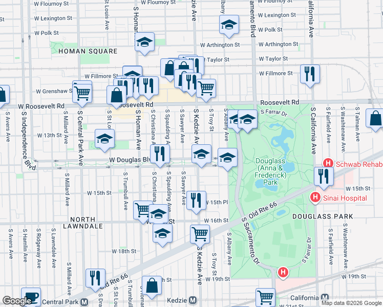 map of restaurants, bars, coffee shops, grocery stores, and more near 1329 South Sawyer Avenue in Chicago