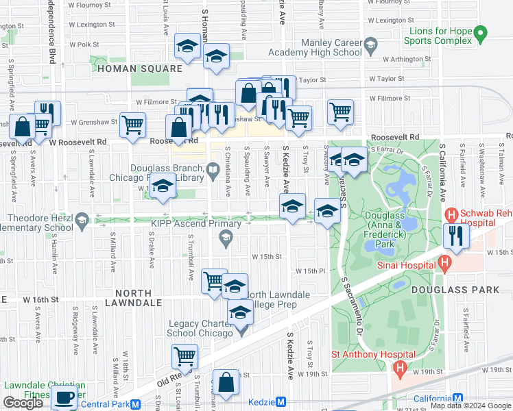 map of restaurants, bars, coffee shops, grocery stores, and more near 3248 West Douglas Boulevard in Chicago