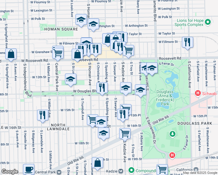 map of restaurants, bars, coffee shops, grocery stores, and more near 1329 South Spaulding Avenue in Chicago