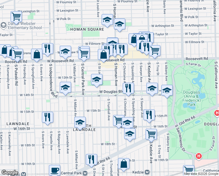 map of restaurants, bars, coffee shops, grocery stores, and more near 3414 West Douglas Boulevard in Chicago