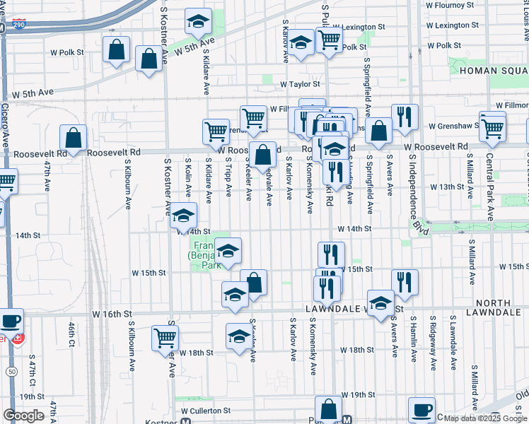 map of restaurants, bars, coffee shops, grocery stores, and more near 1322 South Kedvale Avenue in Chicago