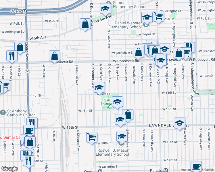 map of restaurants, bars, coffee shops, grocery stores, and more near 1321 South Kolin Avenue in Chicago