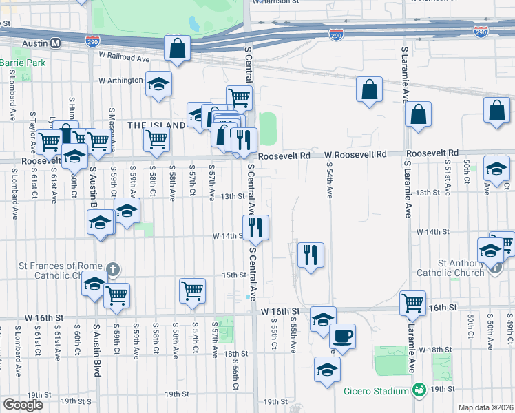 map of restaurants, bars, coffee shops, grocery stores, and more near 1308 South 55th Court in Cicero