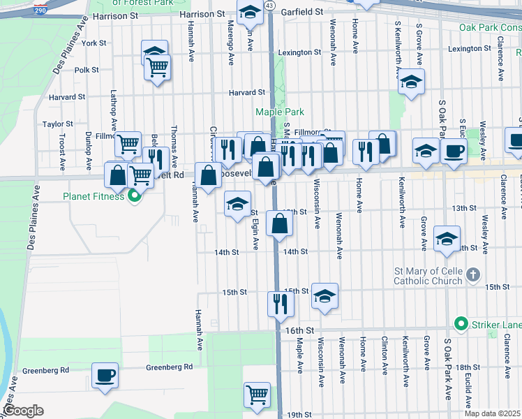 map of restaurants, bars, coffee shops, grocery stores, and more near 1239 Elgin Avenue in Forest Park
