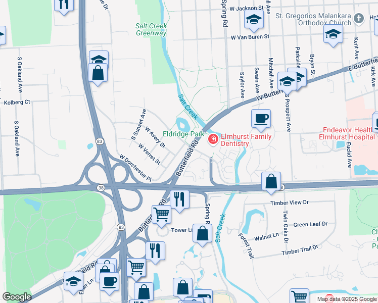 map of restaurants, bars, coffee shops, grocery stores, and more near 407 Butterfield Frontage Road in Elmhurst