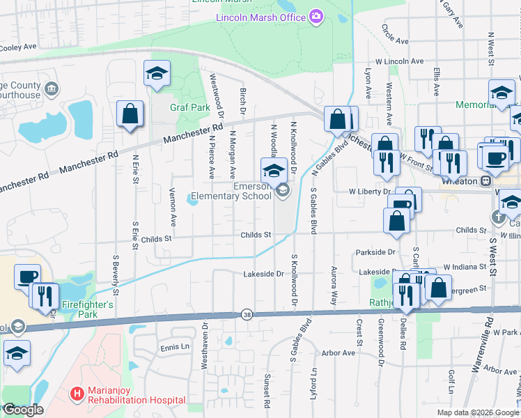 map of restaurants, bars, coffee shops, grocery stores, and more near 206 South Dorchester Avenue in Wheaton