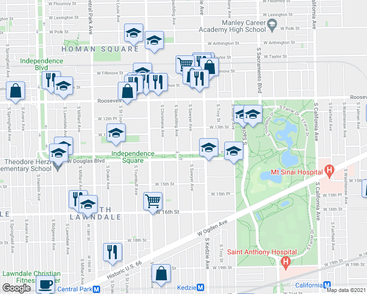 map of restaurants, bars, coffee shops, grocery stores, and more near 3248 West Douglas Boulevard in Chicago