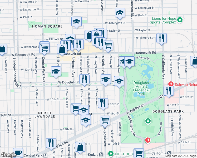 map of restaurants, bars, coffee shops, grocery stores, and more near 1329 South Sawyer Avenue in Chicago