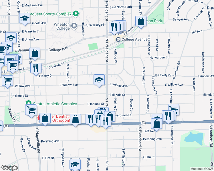 map of restaurants, bars, coffee shops, grocery stores, and more near 312 South President Street in Wheaton