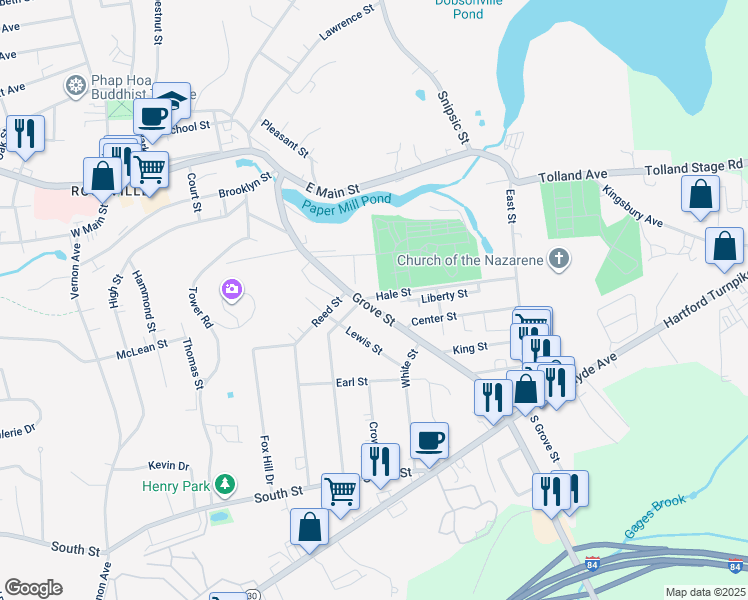 map of restaurants, bars, coffee shops, grocery stores, and more near 89 Grove Street in Vernon