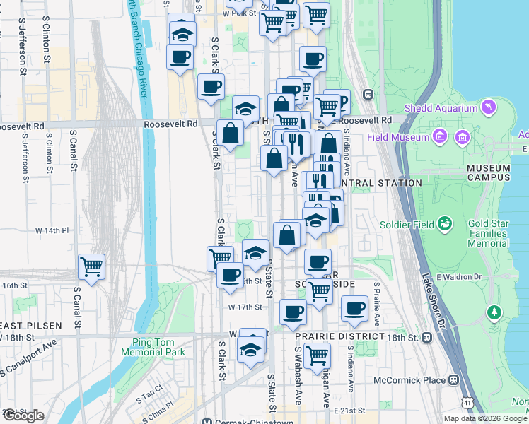 map of restaurants, bars, coffee shops, grocery stores, and more near 1401 South State Street in Chicago