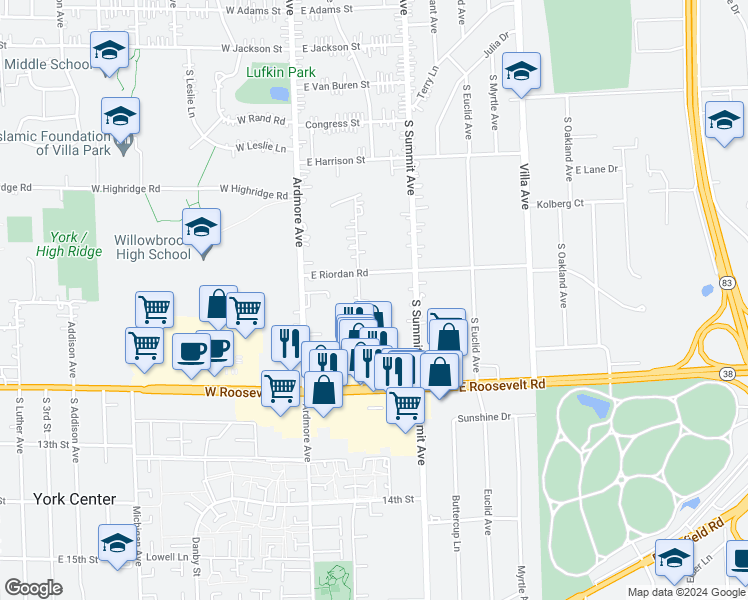 map of restaurants, bars, coffee shops, grocery stores, and more near S651 Cornell Avenue in Villa Park