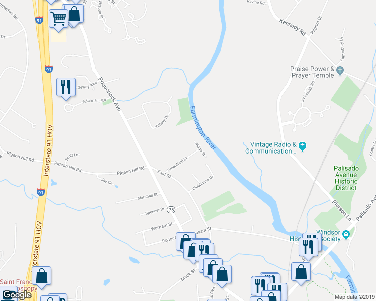 map of restaurants, bars, coffee shops, grocery stores, and more near 31 Greenfield Street in Windsor